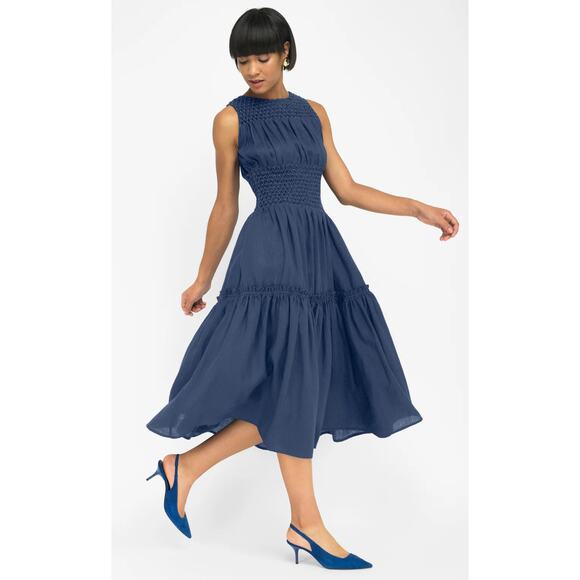 FANM MON Oren Indigo Navy Blue Linen Smocked Midi Dress Tuckernuck - Picture 1 of 11